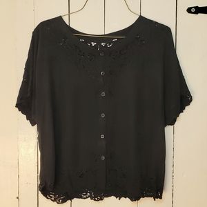Black cotton linen and lace blouse. Size L